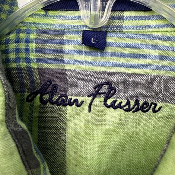 Alan Flusser Green Plaid 100% Linen Short Sleeve Button-Down Shirt Men’s Large - Picture 4 of 8